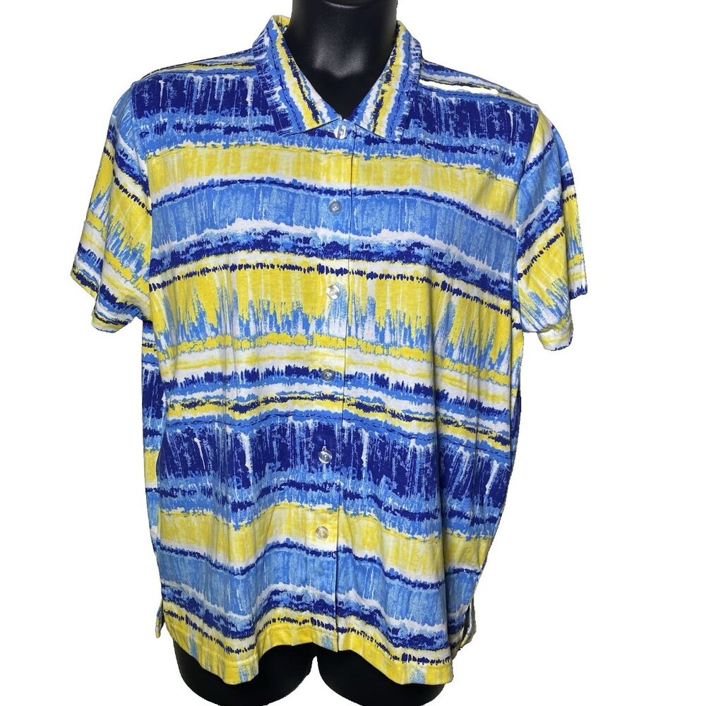 Woman's Short-Sleeve Button-Up Shirt XL Blue Yellow Striped Casual Palm Harbor